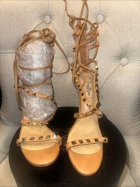 Valentino Tan Leather Rockstud Lace-Up Heels